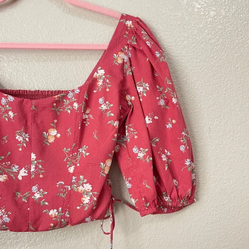 Abercrombie & Fitch Top Womens XS Pink Floral Puff Sleeve Crop Lace Up Smocked